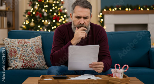 Worried Mature Man Reviews Finances on Couch with Christmas Tree in Background