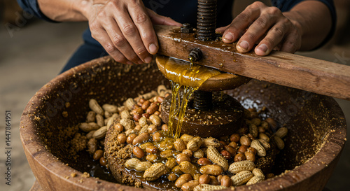 Traditional peanut oil extraction process hand operated wooden press