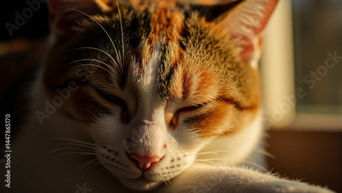 Sleeping cat face close up in warm sunlight