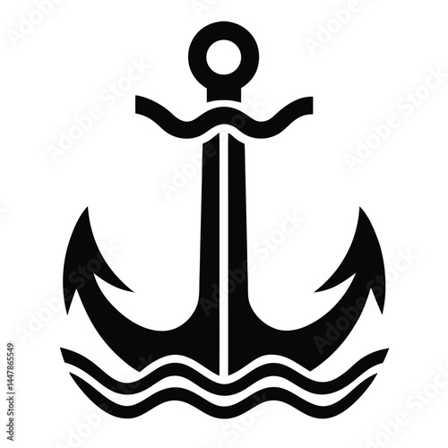 Silhouette of an anchor with waves, nautical symbol, maritime icon