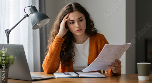 Worried Woman with Curly Hair Holding Paper Suffering Headache At Wooden Desk With Laptop In Bright Indoor Lighting