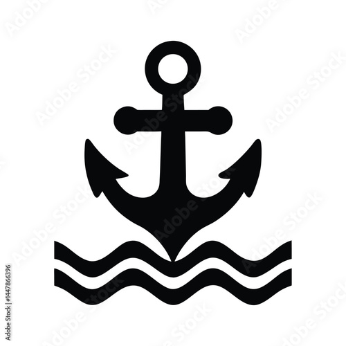 Silhouette of an anchor with waves, nautical symbol, maritime icon