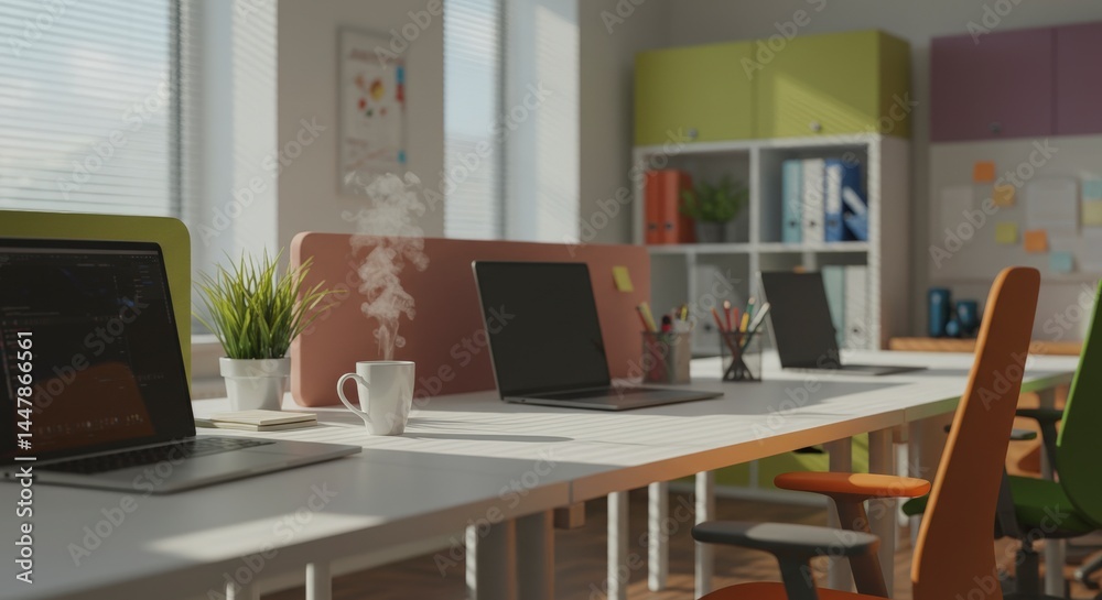 Open Office with Laptops and Coffee Cup Showing Workplace Open Office with Laptops and Coffee Cup Showing Workplace