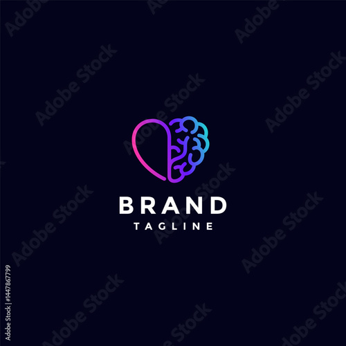 Continuous Infinity Heart and Brain Outline Logo Design. Brain Love Line Shape Logo Design.