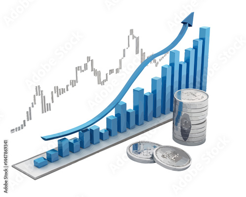 Illustration showing upward trending graph with bar chart and coins indicating financial growth success