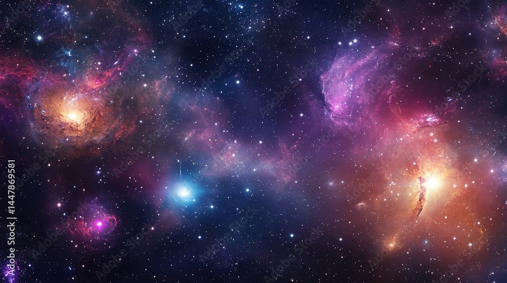 Naklejka premium A seamless cosmic pattern with twinkling stars, swirling galaxies, and glowing nebulae, capturing the beauty of the universe