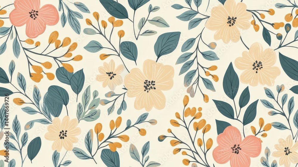 A seamless floral vector pattern with elegant hand-drawn leaves and flowers in pastel colors. A seamless floral vector pattern with elegant hand-drawn leaves and flowers in pastel colors.