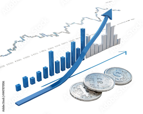 Illustration of rising stock graph with blue arrow and coins indicating financial growth trend line