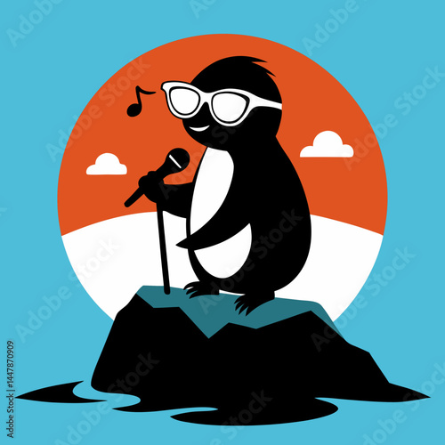 Vector art illustration of a penguin singing on the beach