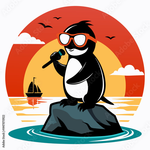 Vector art illustration of a penguin singing on the beach