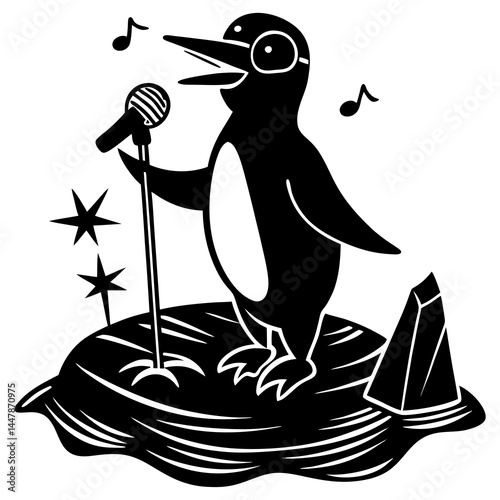 Vector art illustration of a penguin singing on the beach