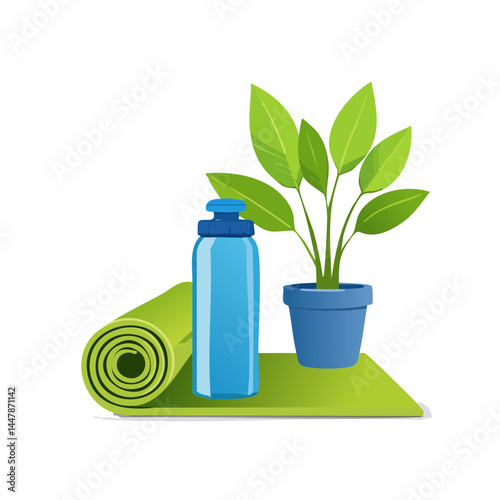  Yoga mat with plant and water bottle 