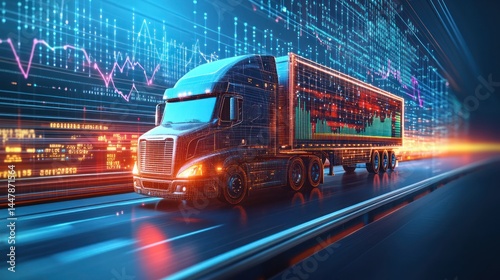 Modern Freight Truck on a Highway with Data Overlay