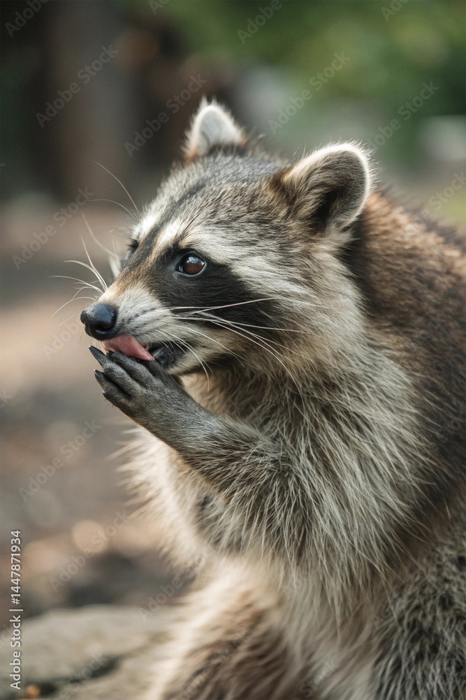 Naklejka premium A raccoon moving through its natural habitat, curious and alert. A moment capturing the wild charm and intelligence of this nocturnal animal