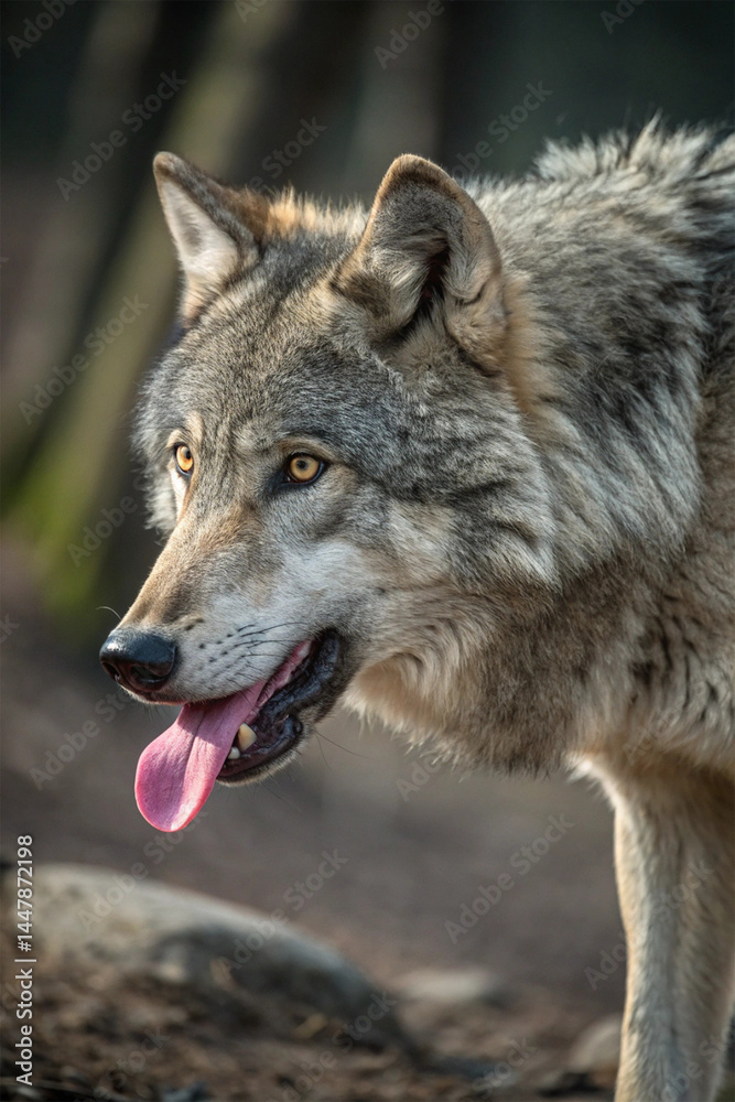 Obraz premium A wolf standing in its natural surroundings, alert and powerful. A majestic predator and symbol of strength, unity, and the wild spirit