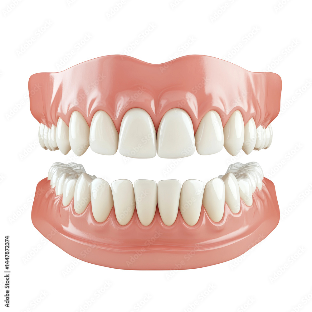 Obraz premium A close-up image of dentures, displaying a set of upper and lower dental prosthetics. The dentures feature realistic looking teeth.