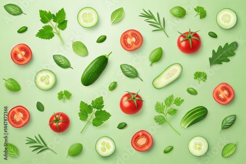 Wallpaper Mural Fresh Vegetables and Herbs Falling on a Light Green Background. Torontodigital.ca