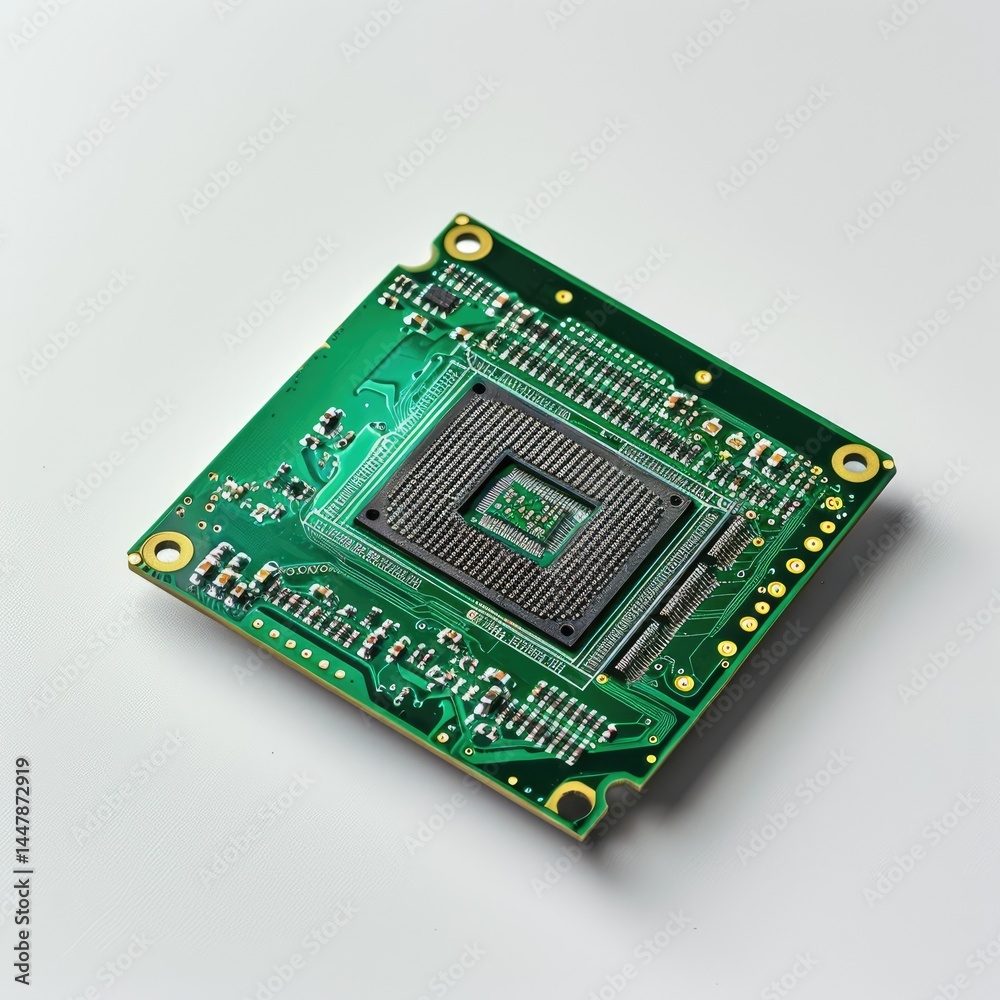 A close-up of a green printed circuit board with a microprocessor. on white background A close-up of a green printed circuit board with a microprocessor. on white background