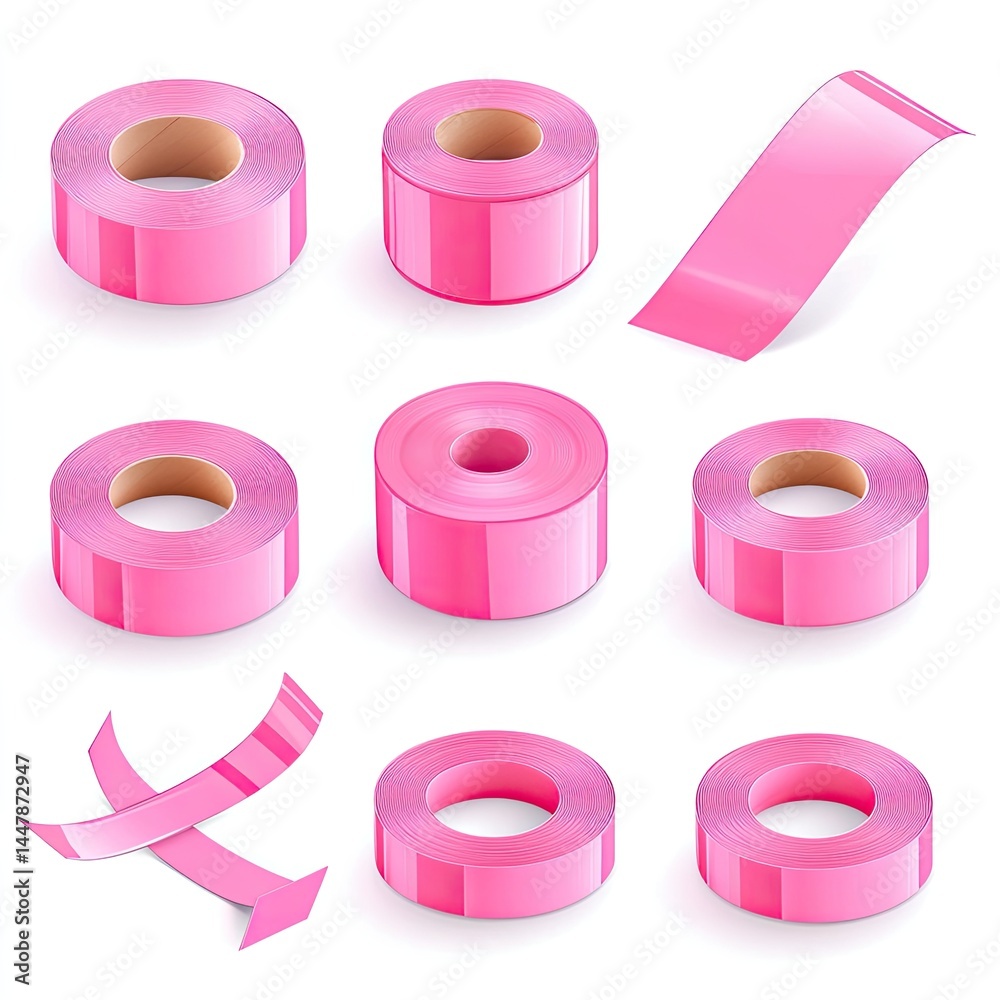 Pink adhesive tapes in various forms Rolled and flat shapes, with different arrangements Pink adhesive tapes in various forms Rolled and flat shapes, with different arrangements