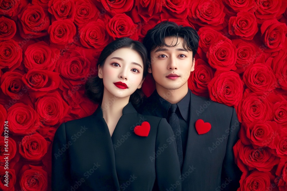 Commercial ad campaign idea. Sign of love and affection. Valentine's day, lovers couple: breathtaking striking image of loving asian adult lovers. Passion and love. Trendy love. Deep gaze.