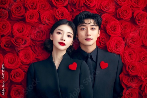 Obraz na płótnie Commercial ad campaign idea. Sign of love and affection. Valentine's day, lovers couple: breathtaking striking image of loving asian adult lovers. Passion and love. Trendy love. Deep gaze. w salonie