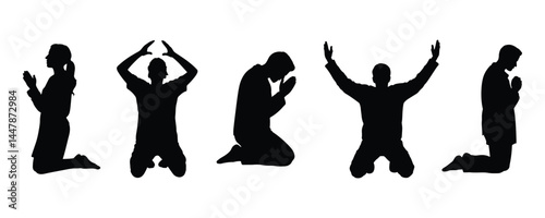 Silhouettes of People Kneeling in Prayer and Worship Poses on White Background.