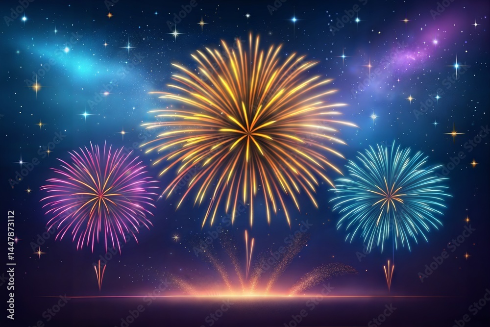 Fireworks illuminating the night sky with a galaxy-like backdrop. Fireworks illuminating the night sky with a galaxy-like backdrop.