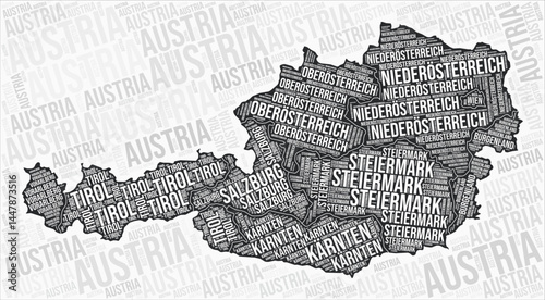 Austria regions map word cloud. Austria region names. Black and white map design. Stylish vector illustration.