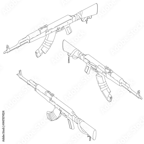 Three rifles are shown in a black and white drawing. The rifles are lined up next to each other, with the middle one slightly to the right of the others. Isometric view. 3D