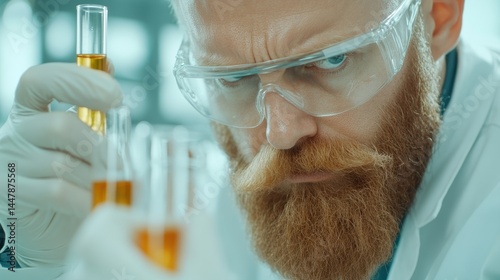 Focused scientist analyzing chemical samples, elderly man with red beard in lab coat holding test tubes, vibrant lab setting.