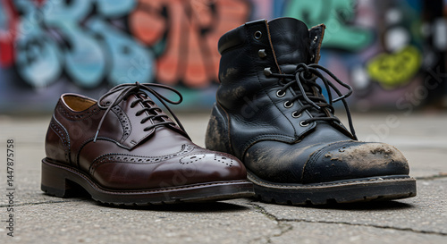 Contrasting Leather Footwear a Shiny Brown Brogue Shoe Beside a Muddy Black Boot on an Urban Pavement
