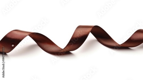 A smooth, brown ribbon elegantly twisted on a white background.