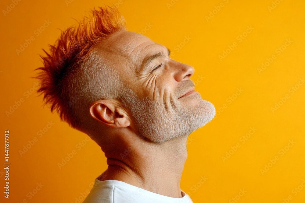 Yellow solid background. Classy men's short rebellious haircut - midlife white man with red hair. Creative of style for aging men. A confident man making a stylish impression.