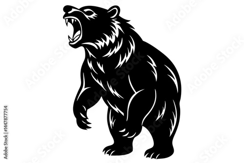 Bear roaring silhouette design in black standing on hind legs, bear, silhouette, standing, roaring, animal, wild, wildlife, mammal, forest, nature, danger, powerful, aggressive, ferocious, predator