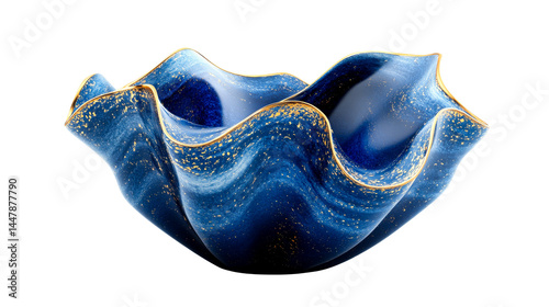 Blue glass bowl with a golden rim and gold spots. cut out transparent photo