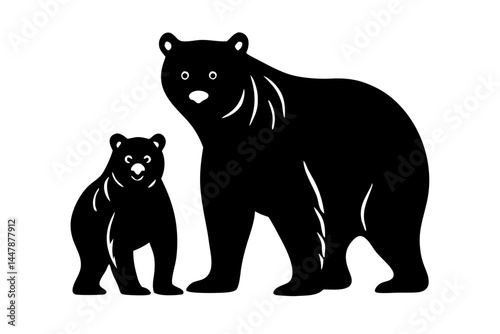 Bear family silhouette design with cub standing together in wild nature, bear, bear cub, silhouette, wildlife, nature, vector, animal, mammal, wild, standing, forest, wilderness, family, design
