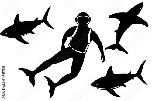 Scuba diver underwater silhouette design with surrounding marine life concept vector, scuba diver, underwater, silhouette, ocean, sea, marine life, swimming, snorkeling, diving, tropical, adventure