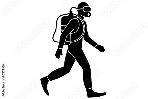Silhouette of scuba diver walking underwater wearing a wetsuit on white, scuba diver, diver, underwater, wetsuit, walking, silhouette, sea, ocean, diving, deep, water, vector, isolated, activity