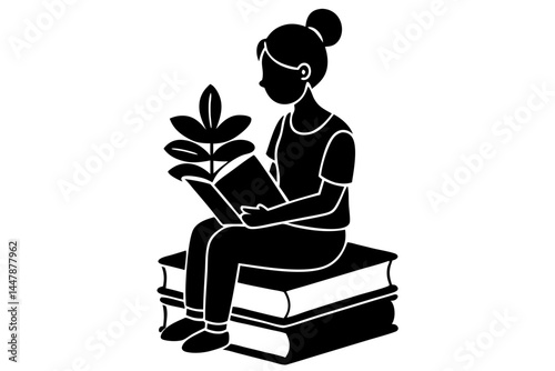 Girl silhouette reading on books, education concept on white background, girl, silhouette, reading, books, stack, education, student, study, open book, learning, knowledge, vector, illustration