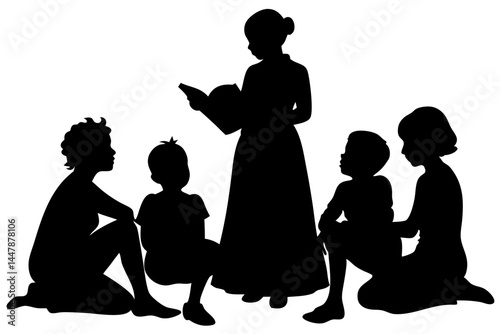 Silhouette of five children and an unknown object on a white background, silhouette, vector, children, child, kid, group, family, childhood, play, fun, joy, happy, girl, boy, together, youth, black