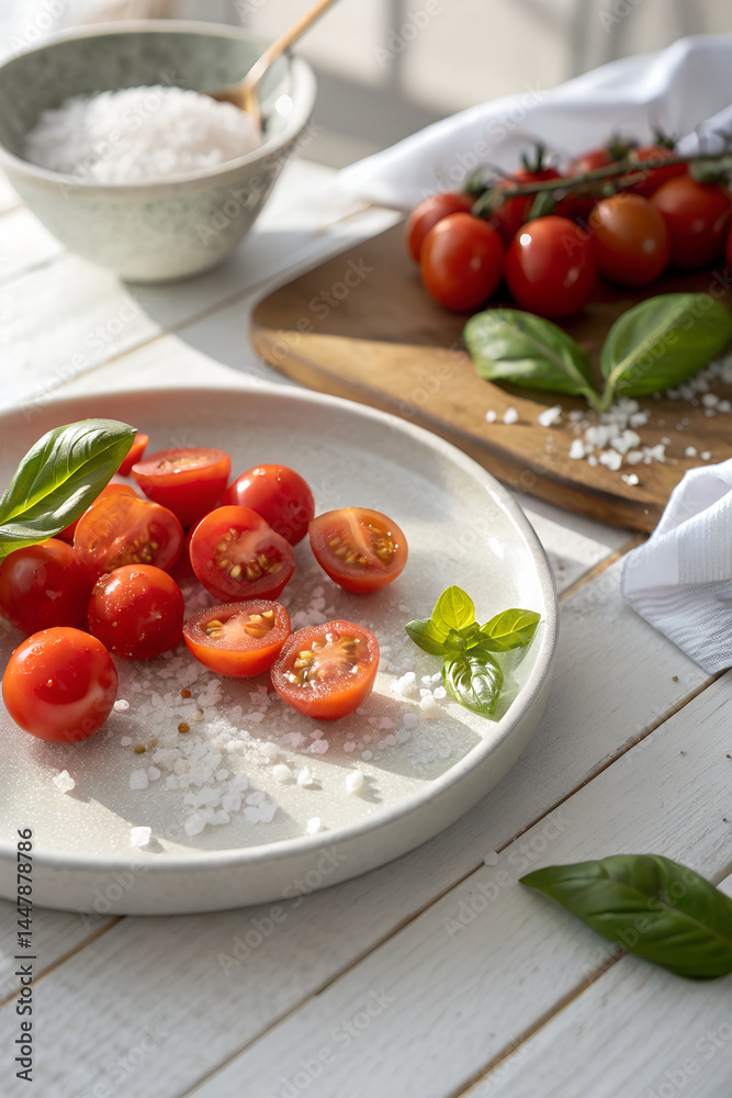 Fresh tomatoes on a kitchen table, full of rich color and juicy texture. A vibrant, healthy ingredient ready to bring life to any dish Fresh tomatoes on a kitchen table, full of rich color and juicy texture. A vibrant, healthy ingredient ready to bring life to any dish