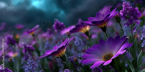 Fototapeta Naklejka Na Ścianę i Meble -  Vibrant purple flowers bloom in a lush field under a dramatic sky during early evening hours