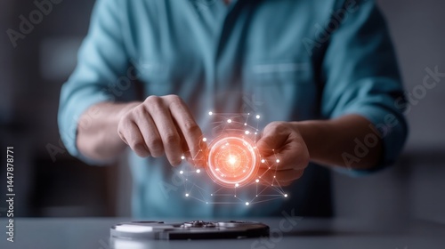Data Connection: A man interacting with holographic digital data, showcasing advanced technology and network concepts.