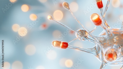 Medical breakthrough: A striking visual representation of medical advancements, featuring capsules and a captivating, transparent structure against a blurred bokeh background.