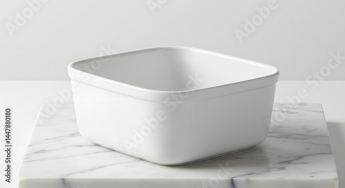 Minimalist white square bowl on marble surface in soft studio lighting