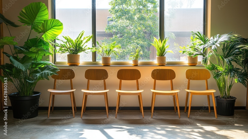 Fototapeta premium Sunlight streams into a waiting area filled with potted plants and wooden chairs