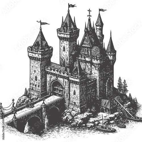 Artistic representation of a tiny medieval castle featuring a well-designed drawbridge and surrounded by serene landscapes.
