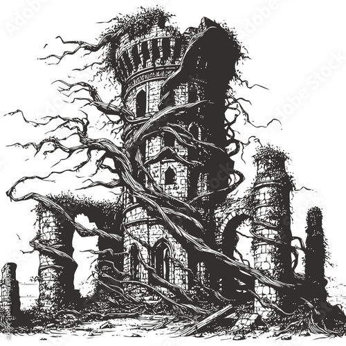 Intricate stone tower wrapped in vines, reflecting the harmonious blend of history and natural elements.