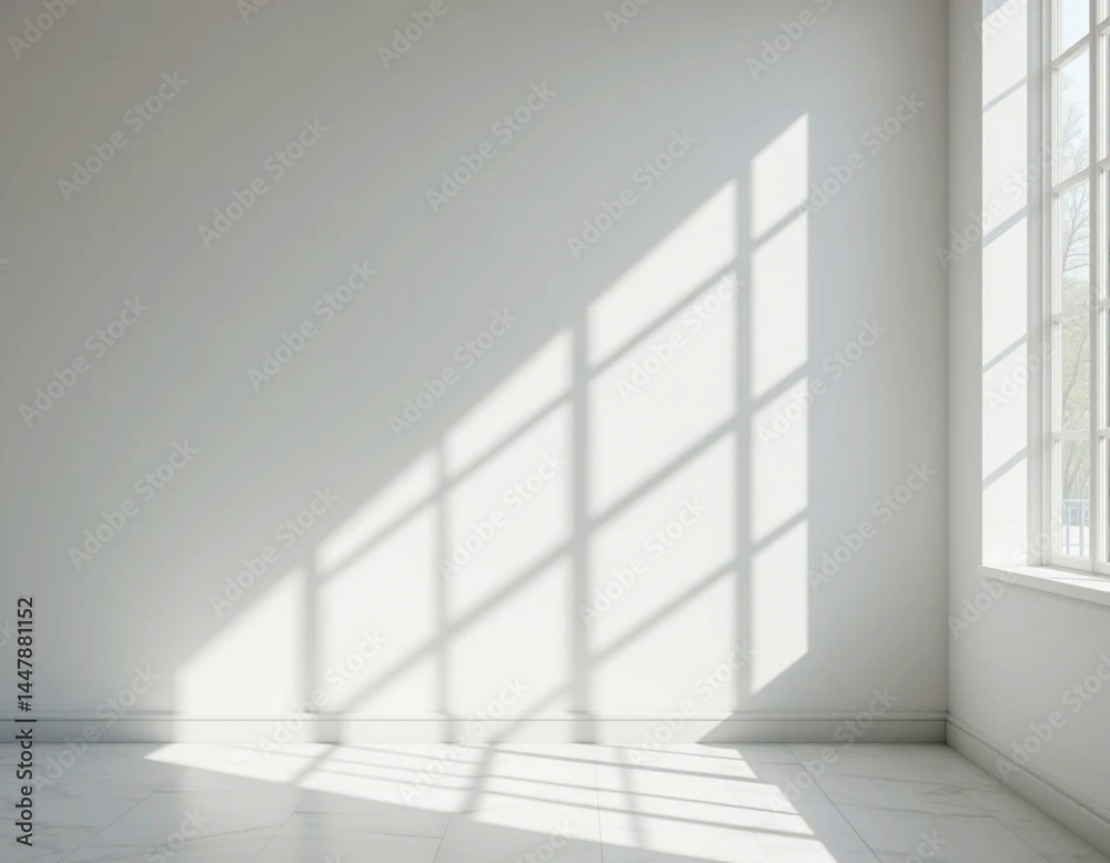 Fototapeta premium Geometric window shadow pattern with clear sunlight in a quiet room.