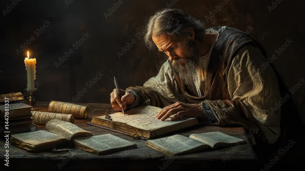 Apostle Matthew writing the Gospel at a wooden table, scattered scrolls and ink, soft candlelight creating dramatic shadows, detailed and introspective composition